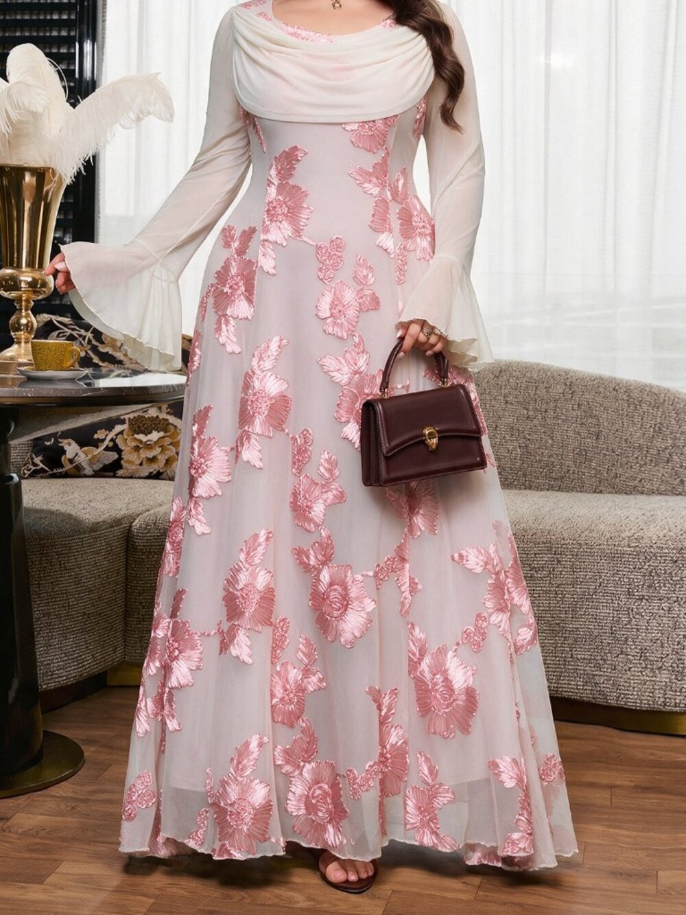 Pink Elegant Women's Plus Size Jacquard Bell Sleeve Pleated Dress